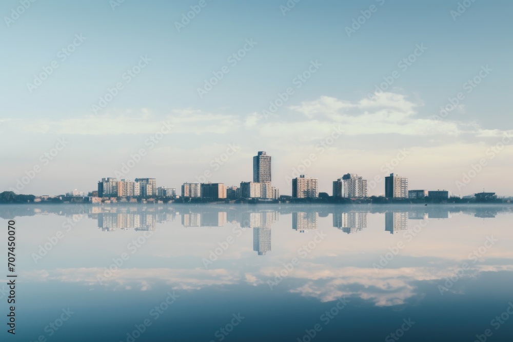 Φωτογραφία A mesmerizing reflection of a cityscape in a tranquil lake at dawn Фш путукфешму