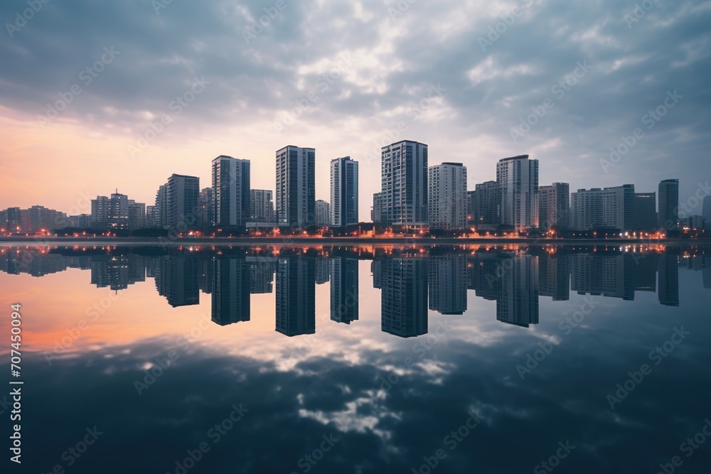 A mesmerizing reflection of a cityscape in a tranquil lake at dawn Ai Generative