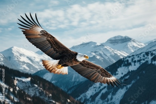A majestic bald eagle soaring above the snow-capped peaks of the Rocky Mountains Ai generative