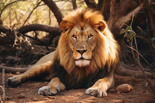 A majestic lion lounging in the African savanna Ai Generative © 3DLeonardo