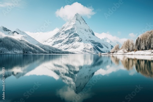 A majestic snow-capped mountain peak reflecting in the still waters of a crystal-clear lake Ai Generative © 3DLeonardo