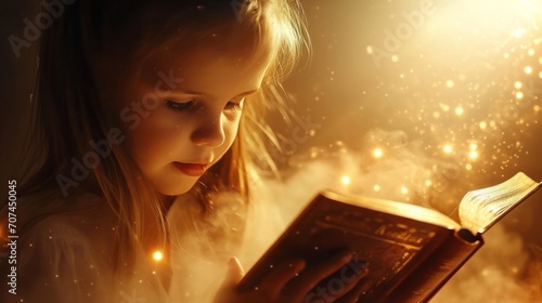 a cute young girl kid opens and reads a fairy tale story fantasy book and immerses with his childhood imagination in creative magic world sitting in his room