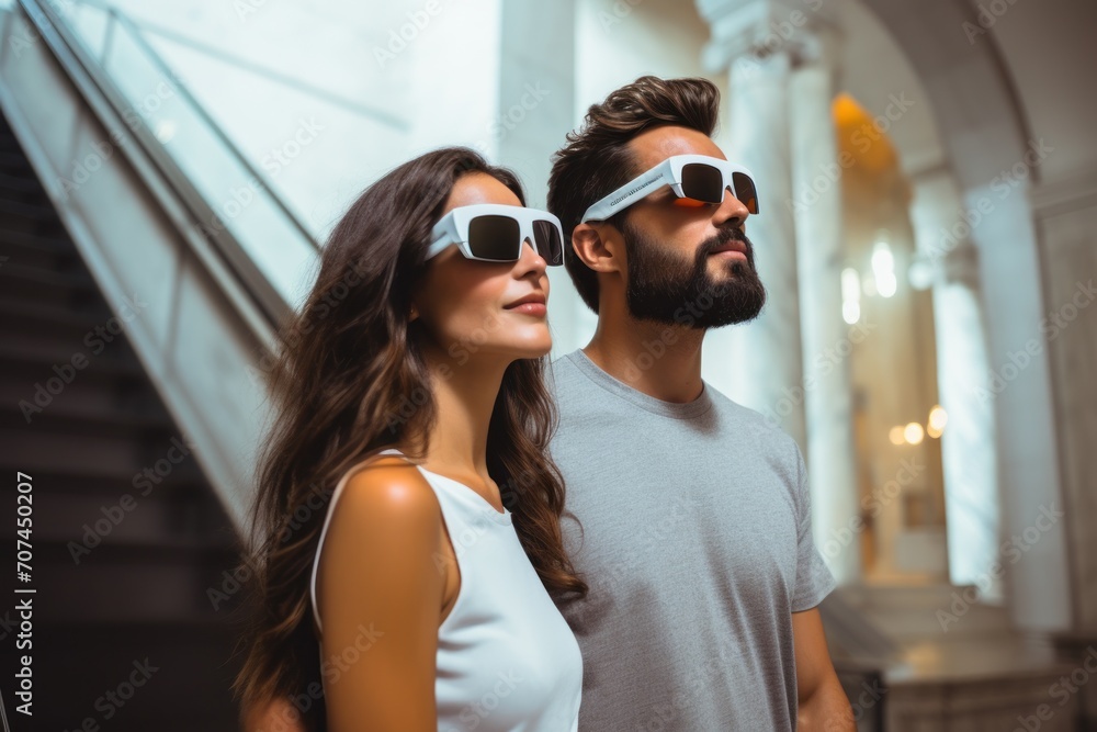 Couple wearing AR glasses and exploring a museum with virtual guides Ai Generative