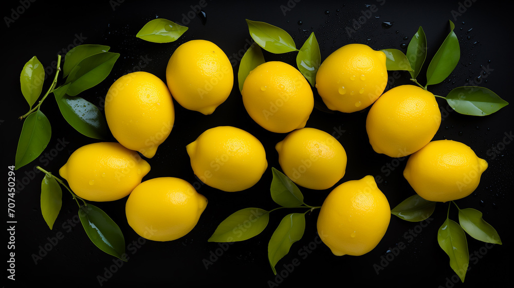 Bright yellow lemons on black background. Top view. 