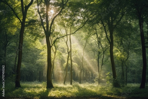 Forest with the sun rays peeking through the trees Ai Generative