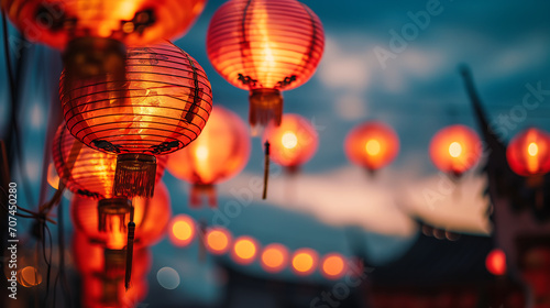 Chinese lanterns with red and gold colors signifying good fortune for the Chinese New Year