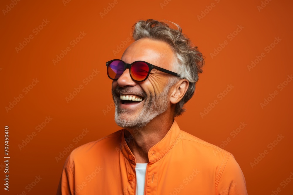 Portrait of a happy senior man with sunglasses over orange background.