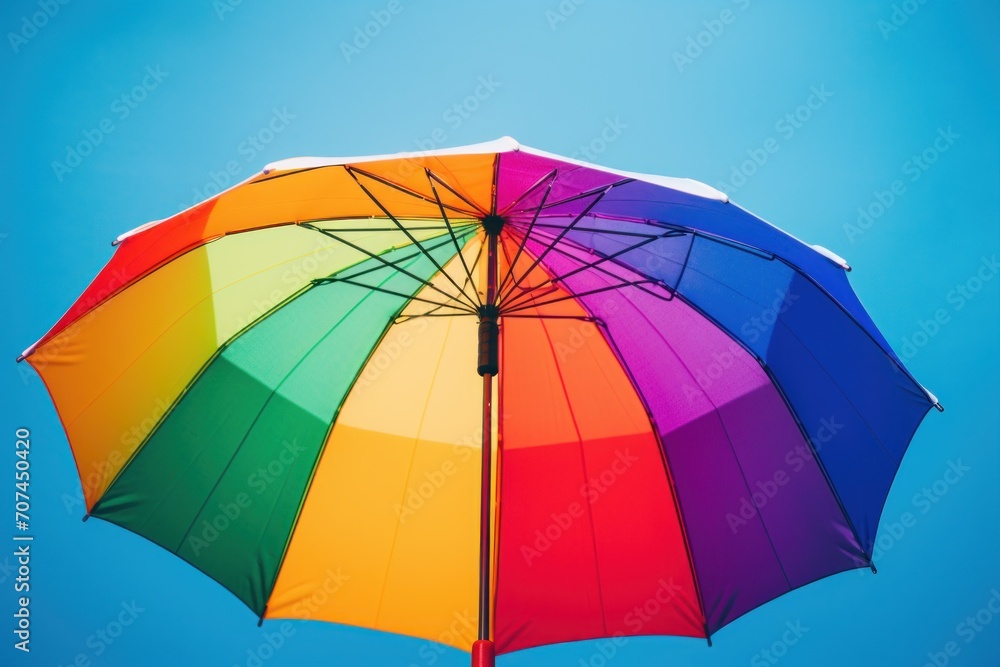 Rainbow umbrella on a blue background with raindrops Ai Generative