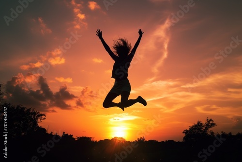 Silhouette of a person jumping in the air against a sunset sky Ai Generative