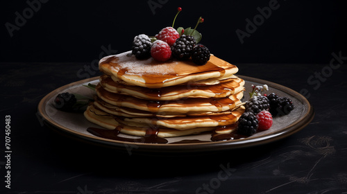 Appetizing pancakes with jam and berries on plate on black background. Dessert.