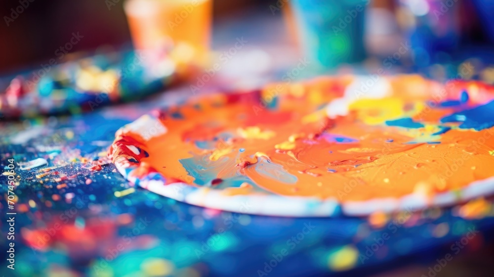 Closeup of a paintsplattered palette, showcasing a variety of vibrant colors being used in the creation of a live mural painting. Closeup of a paintsplattered palette, showcasing a variety of vibrant colors being used in the creation of a live mural painting.