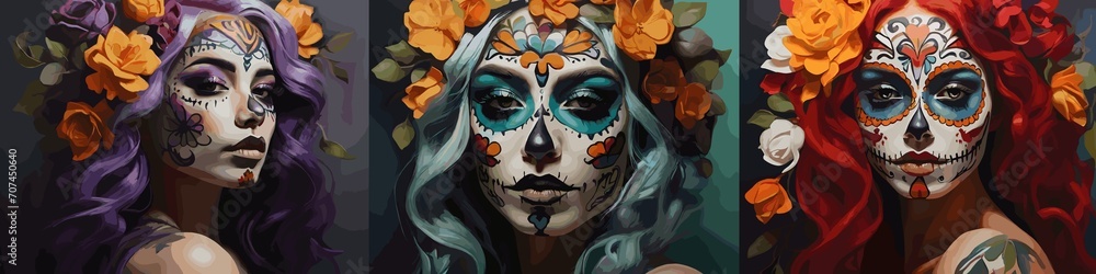 Painted portrait. Three woman with day of the dead face paint and flower colors in her purple, red, green hair. Generative AI Painted portrait. Three woman with day of the dead face paint and flower colors in her purple, red, green hair. Generative AI
