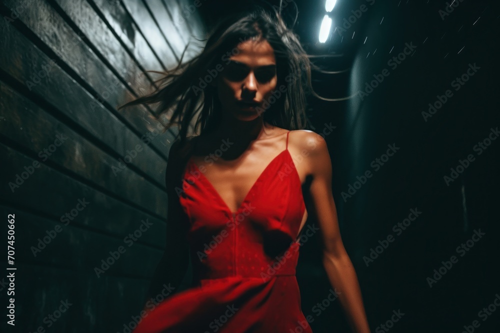 Woman in a red dress running in a dark alley with a spotlight on her Ai Generative Woman in a red dress running in a dark alley with a spotlight on her Ai Generative