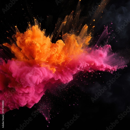 A splash of an elegant color dust in orange and pink in front of a black background and in the forground Ai generative