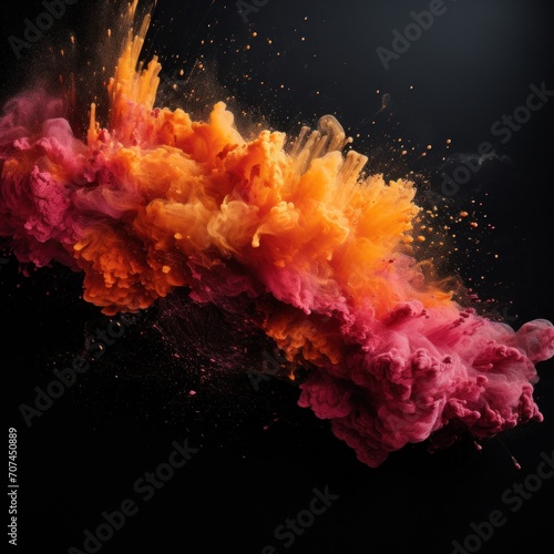 A splash of an elegant color dust in orange and pink in front of a black background and in the forground Ai generative