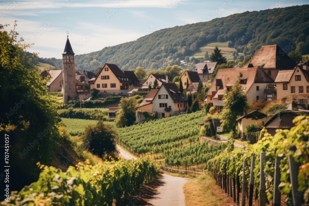 European village nestled amidst rolling hills Ai generative