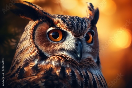 Owl with big eye catching in the sunlight Ai Generative