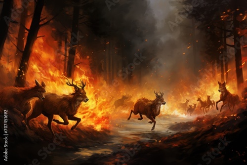 Animals running from fire in forest Ai Generative