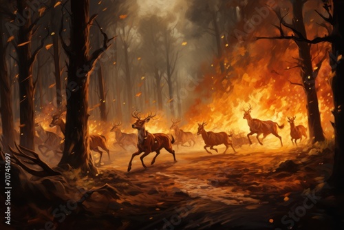 Animals running from fire in forest Ai Generative © 3DLeonardo