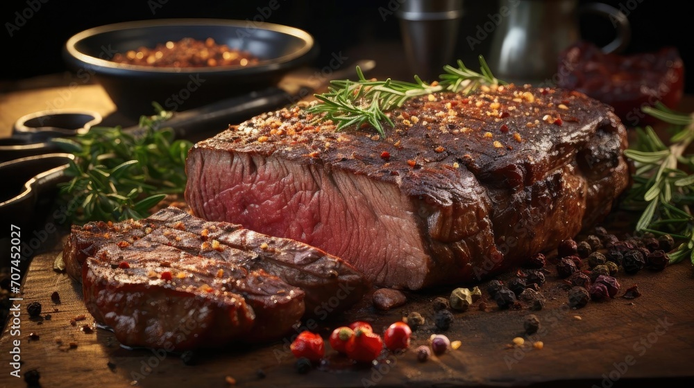 Grilled steak with melted barbeque sauce on a black and blurry background