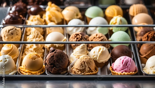 Assorted ice cream in metal trays, close-up of display freezer in ice cream store, vast flavor options, perfect wallpaper background for variety showcase