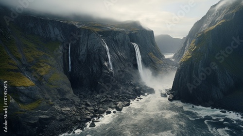 Dramatic aerial perspective of a waterfall flowing down a steep, rocky cliff face -Generative Ai 