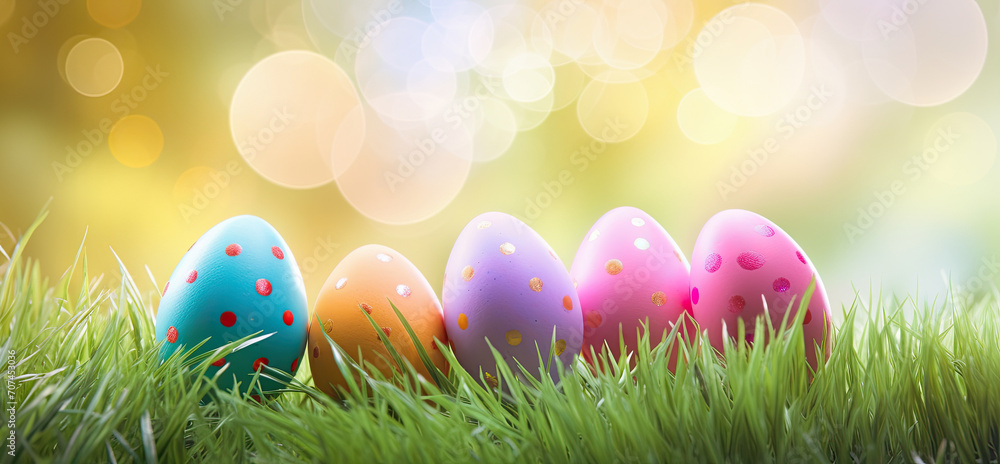 Colorful Easter eggs nestled in vibrant green grass celebrate new beginnings and springtime joy.