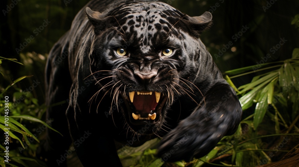  Dynamic image of a panther in mid-leap, muscles taut and fur glistening, as it navigates the jungle terrain -Generative Ai
