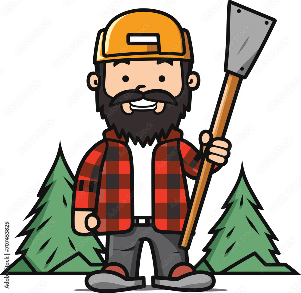 Cartoon lumberjack with beard and helmet holding an axe. Male in plaid shirt and jeans, forest background vector illustration Cartoon lumberjack with beard and helmet holding an axe. Male in plaid shirt and jeans, forest background vector illustration