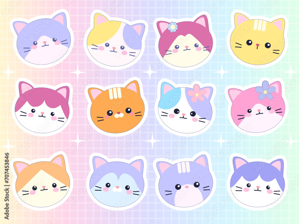 set of cats kawaii set sticker layout fruit,  cute cartoon animals cats characters and flowers, on rainbow background, soft pink color, pastel color stickers print-ready  