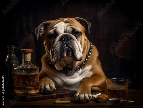 brown english bulldog sit on wooden table with vodka bottle and a glass of alcohol and food in a house, generative ai © shutterdemon
