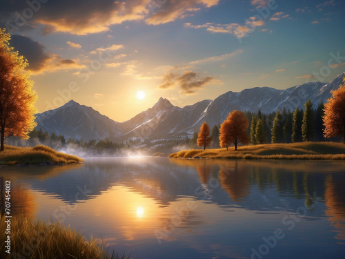 Afternoon time serene lake view on mountains background