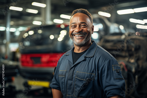 cheerful African American mechanic in a navy blue uniform, standing in a well-equipped auto repair shop with cars in the background.