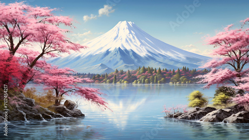 beautiful Mt.Fuji with colorful tree and lake in autumn in Japan in watercolor. illustration,