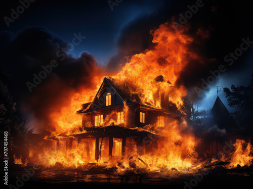 Infernal Night  Intense Flames Engulfing Abandoned Wooden Structure