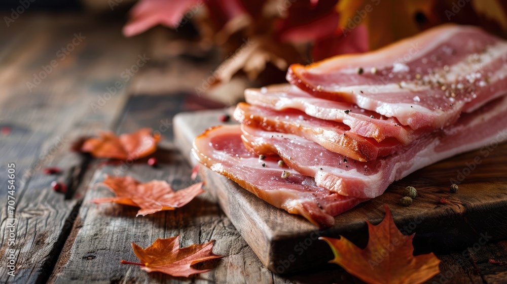 Raw bacon strips on a wooden surface with autumn leaves