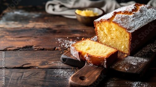 A dusted lemon pound cake on a wooden board, with a slice cut out