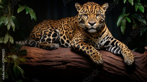 Enchanting scene of a jaguar lounging on a massive tree branch  its sleek form blending seamlessly with the bark  -Generative Ai 
