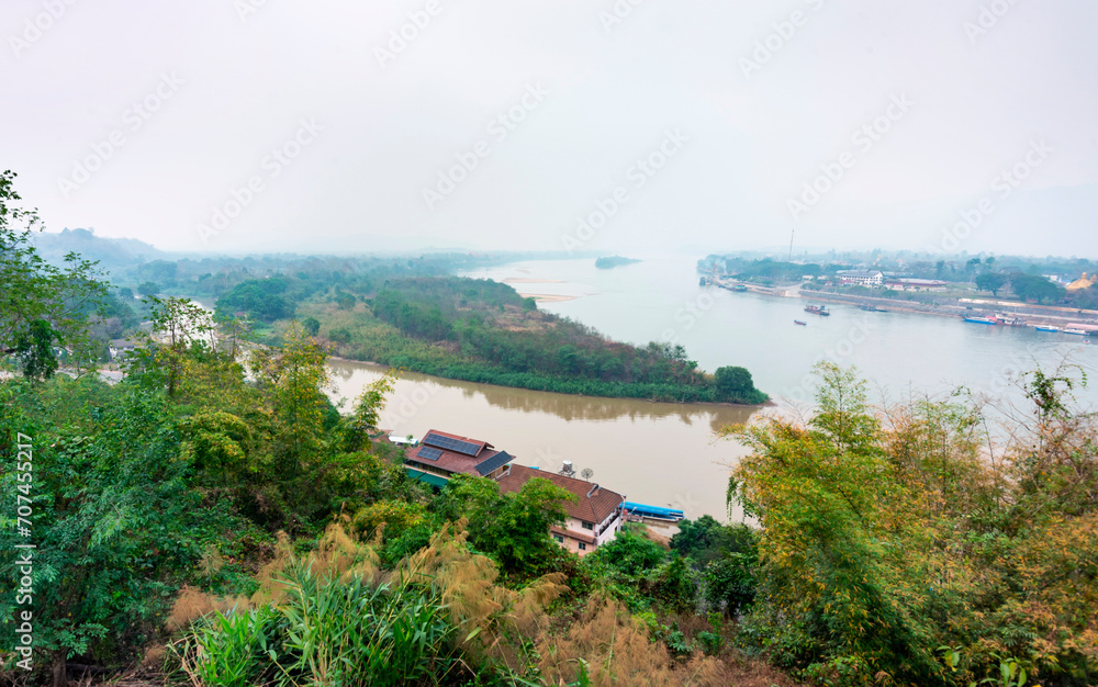 The Golden Triangle area,view from Wat Phra That Sam Mum Mueang hillside temple,Chiang Rai Province,Northern Thailand.