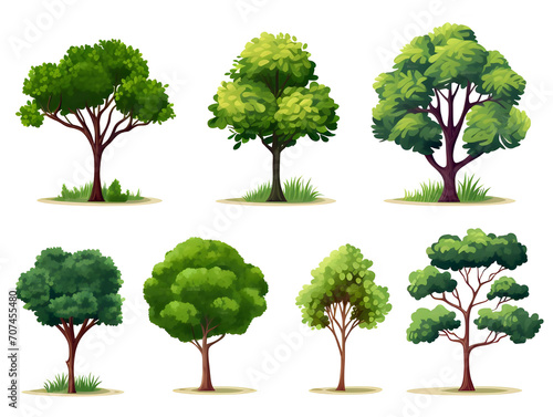 seven green trees isolated on white background. illustration, generative ai