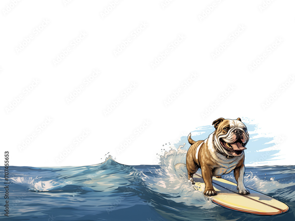 puppy english bulldog playing with a surfboard on the sea, paint, illustration, white copy space for text
