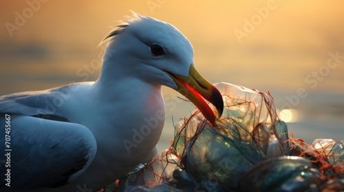 Closeup of a seabird tangled in fishing line and plastic packaging, struggling to break free. photo