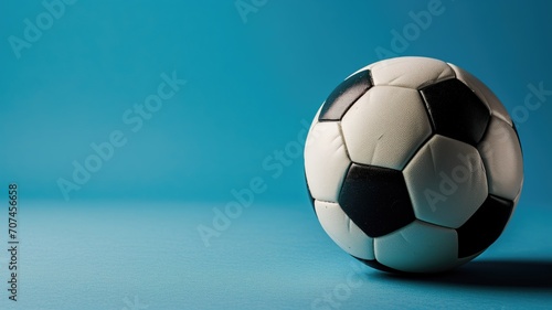 Classic black and white soccer ball on a blue background