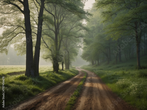 Scenic country mud road surrounded by lush green trees and grass