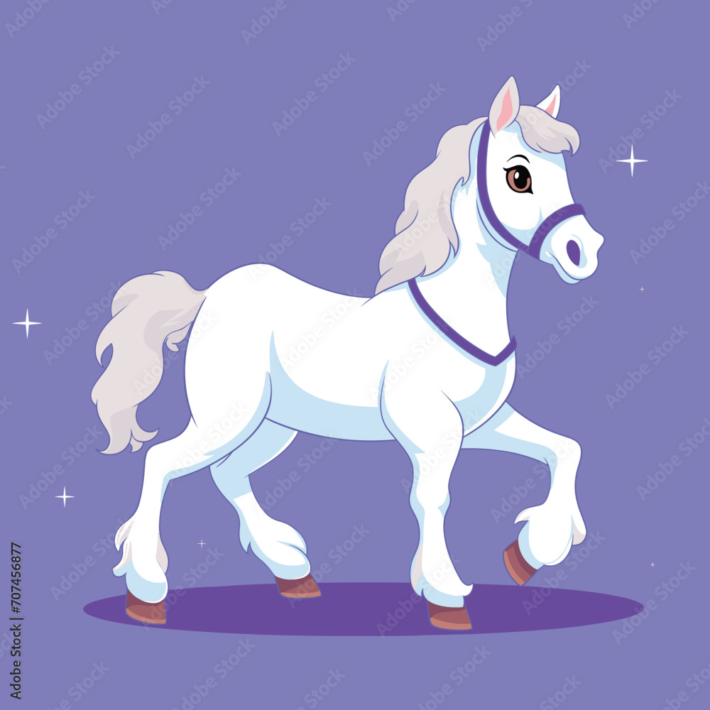 White majestic cartoon horse with purple harness on purple background. Magical stallion with shining mane and cute expression vector illustration