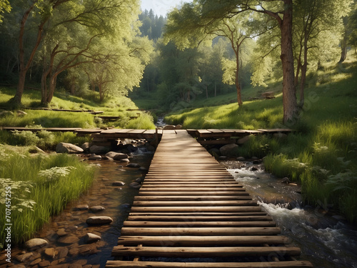 Lush green forest with a wooden bridge crossing over a small stream