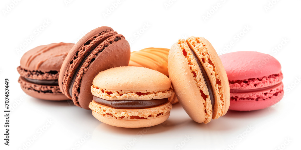 This image showcases a some of vibrant macarons, each representing a different flavor, isolated against a white background This image showcases a some of vibrant macarons, each representing a different flavor, isolated against a white background