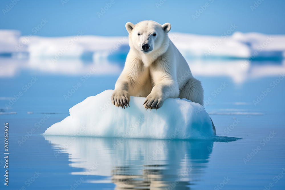 Polar Bear Stranded on Melting Ice Floe Amidst Sea - Global Warming Concept Polar Bear Stranded on Melting Ice Floe Amidst Sea - Global Warming Concept