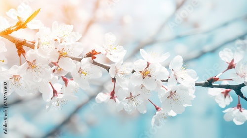 Branches of blossoming cherry macro with soft focus on gentle light blue sky background in sunlight with copy space. Beautiful floral image of spring nature panoramic view.  generative ai