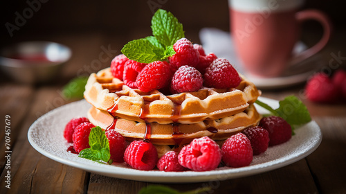 waffles with strawberries and raspberries with blurred background